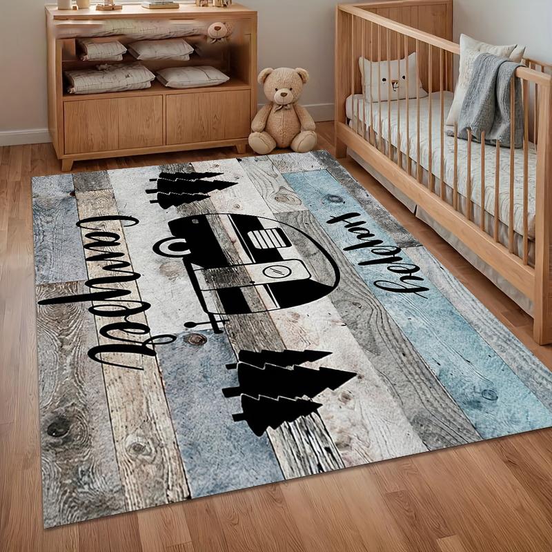 Happy Camper Theme Area Rug Non Slip Washable Stain Resistant Soft Foldable Carpet for Living Room Bedroom Entryway Cozy Decor