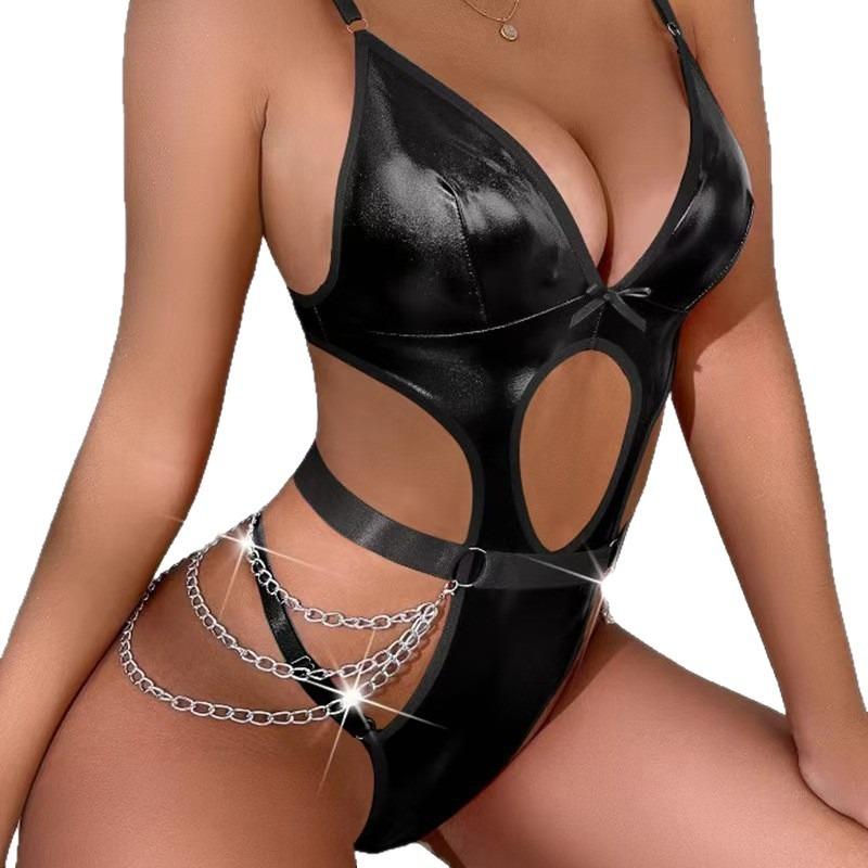 New sex underwear sexy women patent leather chain hollow onesie sex suit