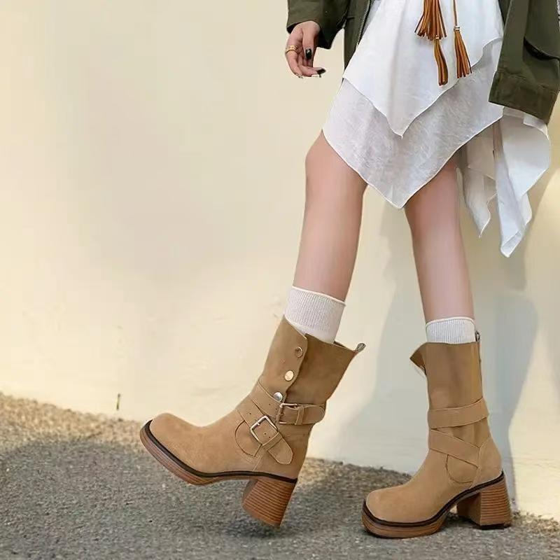 Fashion Fashion Belt Buckle Vintage Mid-calf Boots Women 2024 Autumn Chunky Heels Western Cowboy Boots Woman PU Leather Knight Booties
