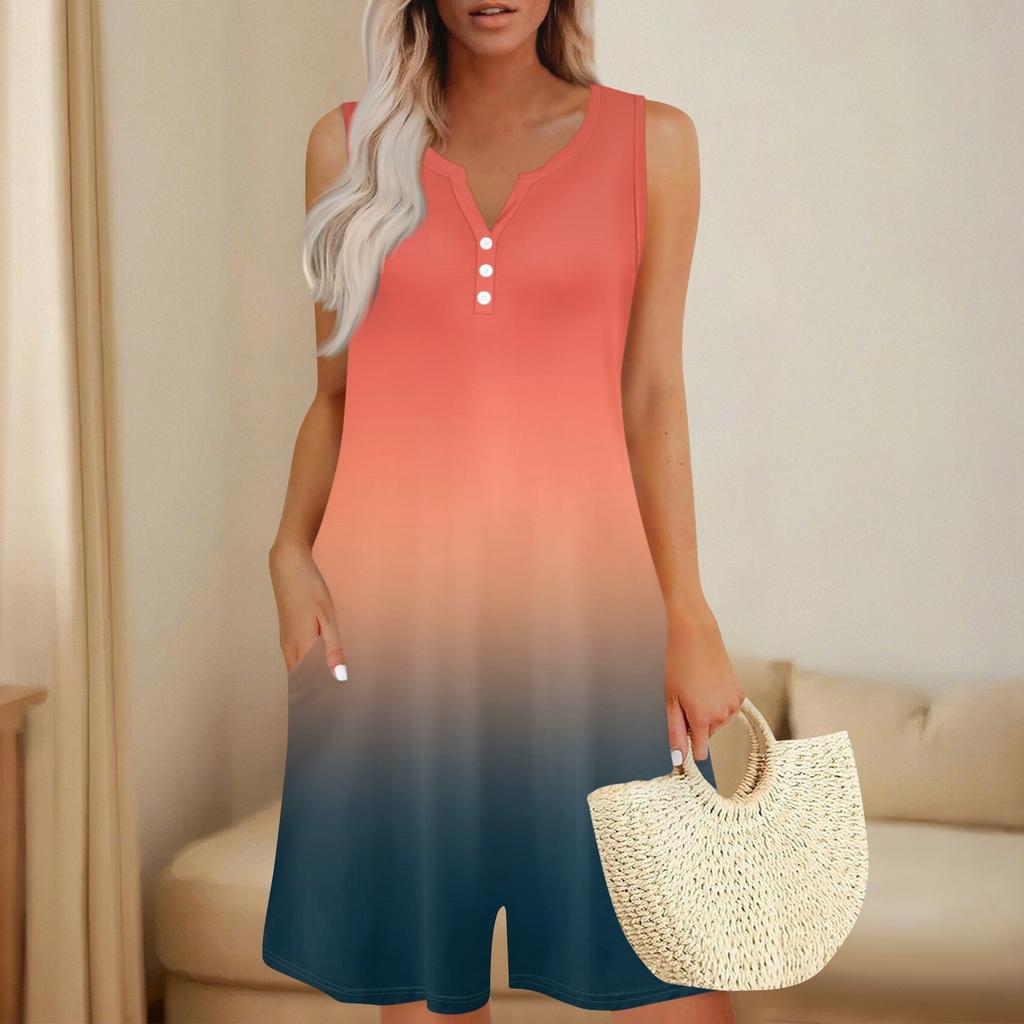 Women's Fashionable And Casual Sleeveless Button-pocket One-piece Shorts