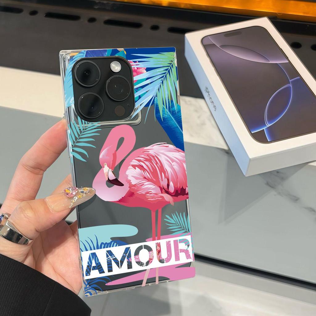 Clear Square Back Tube Case Protection For iPhone 13 12 16 ProMax 11 14 Pro Max 15 Plus Anti-Oxygen,Large Flamingo Pattern Casing