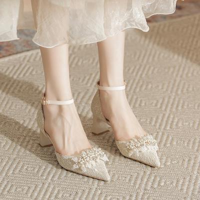 Французские высокие каблуки для женщин, весенние универсальные туфли на толстом каблуке, остроконечные полые босоножки