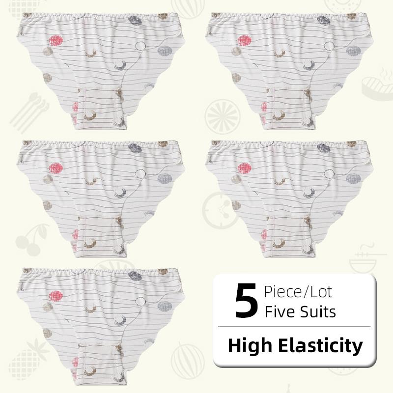 5Pcs/Lot Girl's Ice Seamless Low Waist Panties Cute Fruit Printing High Elastic Comfortable, Half A Pack Buttock Wavy Edge Underwear Briefs