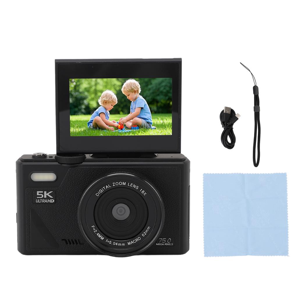 Цифровая камера с функцией распознавания улыбки, беззеркальная камера, 18-кратный цифровой зум, автофокус, 5K 75 МП HD, 3-дюймовый экран с USB-кабелем для путешествий