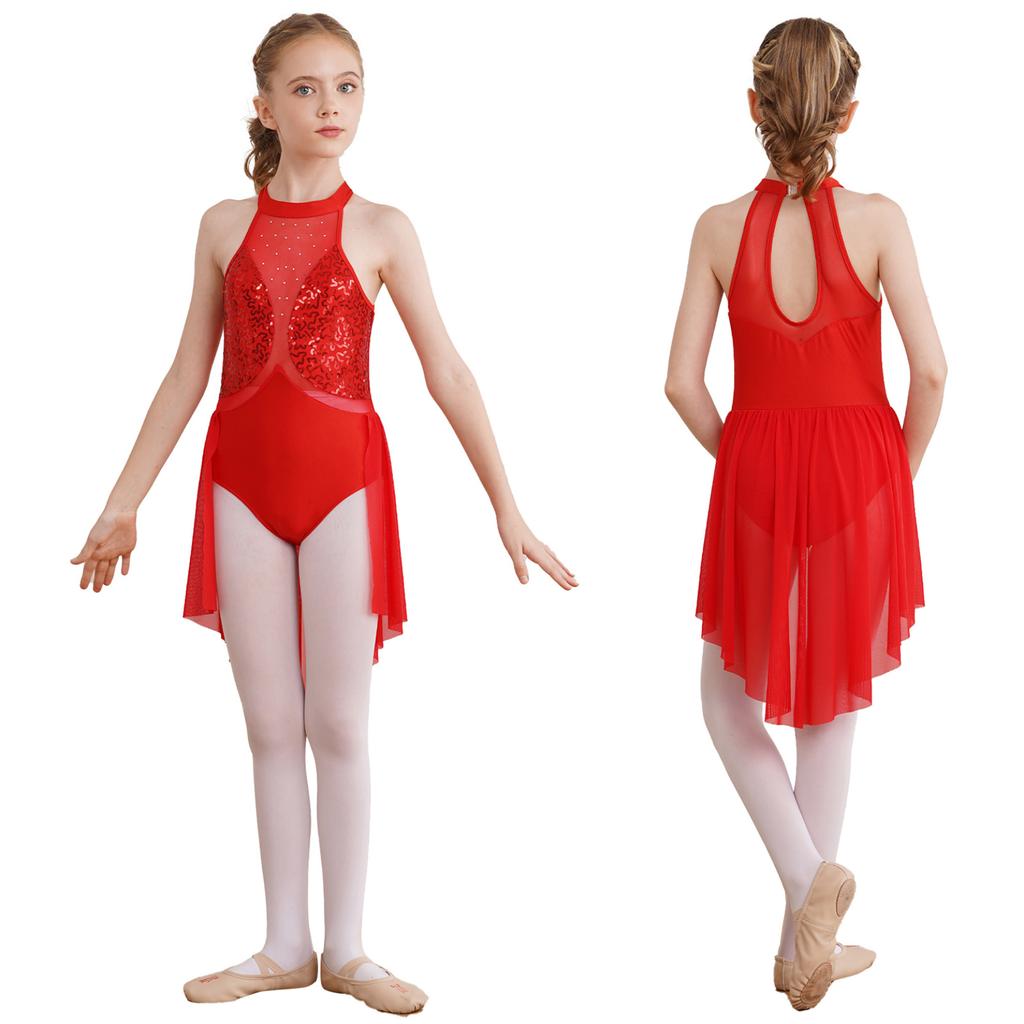 Детское блестящее сетчатое лоскутное трико с блестками для девочек, платье с вырезом на спине, платья без рукавов для фигурного катания, лирическая танцевальная одежда