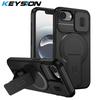 KEYSION Shockproof Armor Magnetic Case for iPhone 16e Silicone+PC Slide Camera Protect Kickstand Wireless Charging Phone Cover
