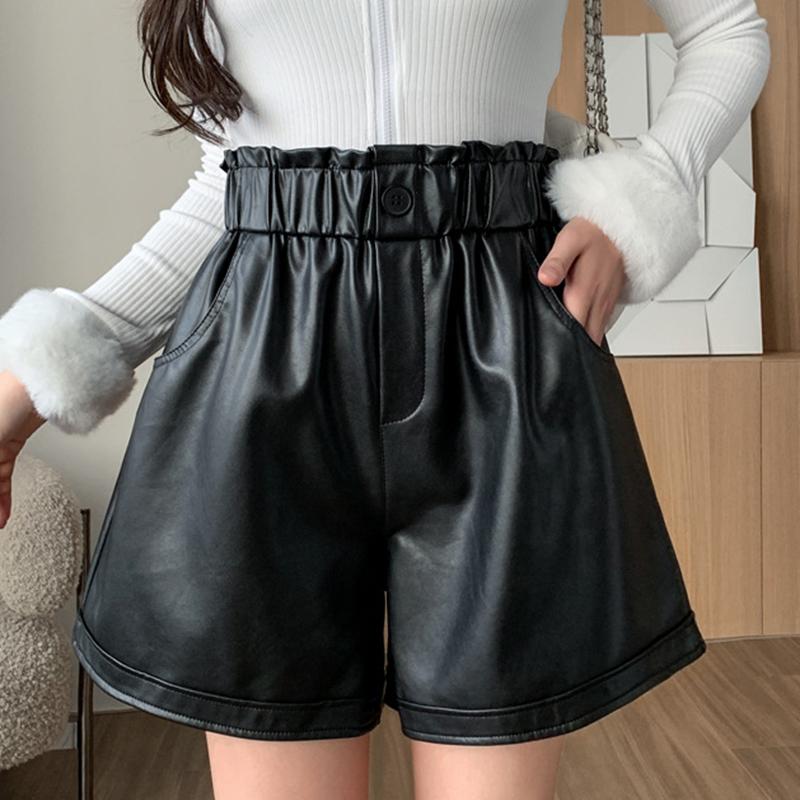 Кожаные брюки, шорты, женские модные свободные брюки трапециевидной формы с высокой талией и широкими штанинами