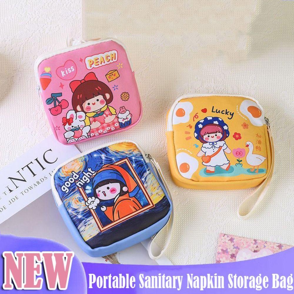 Zipper Sanitary Pad Pouch Cartoon Girls Mini Cosmetic Bags for Lipstick Key Earphone Data Cables