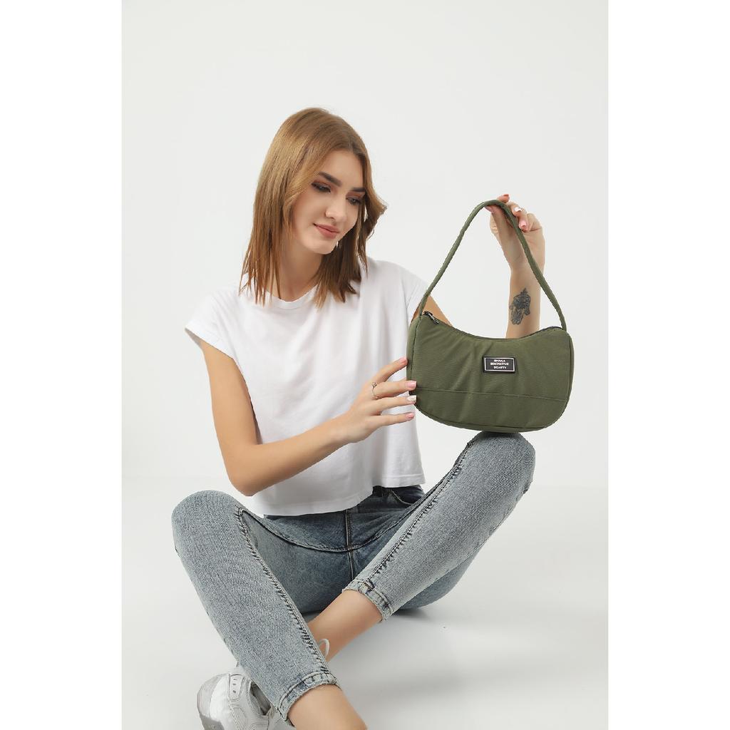 Black U11 Single Zipper Compartment Daily Sports Baguette Canvas Fabric Women's Hand And Shoulder Bag B:16E: 26