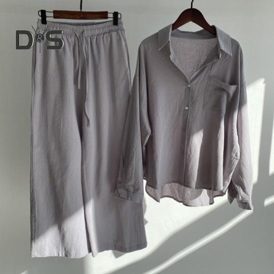 Женский комплект из двух предметов: рубашка с длинным рукавом и застегнутая на пуговицы рубашка с широкими брюками повседневный хлопковый домашний костюм на весну и лето