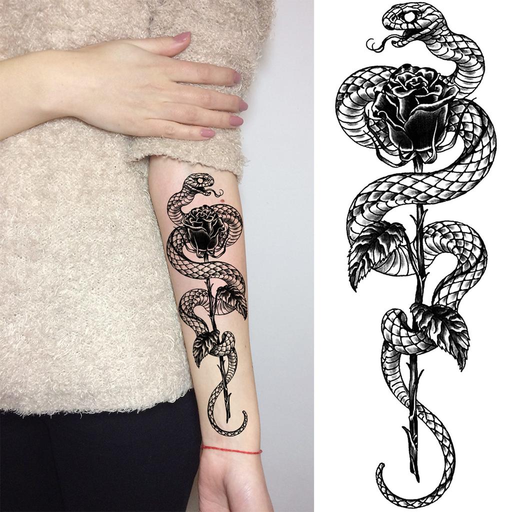 1 Sheet Snake Temporary Tattoos For Women Men Arm Leg Forearm Body Adults Rose Fake Flower Tattoo Sticker Waterproof Covers Up