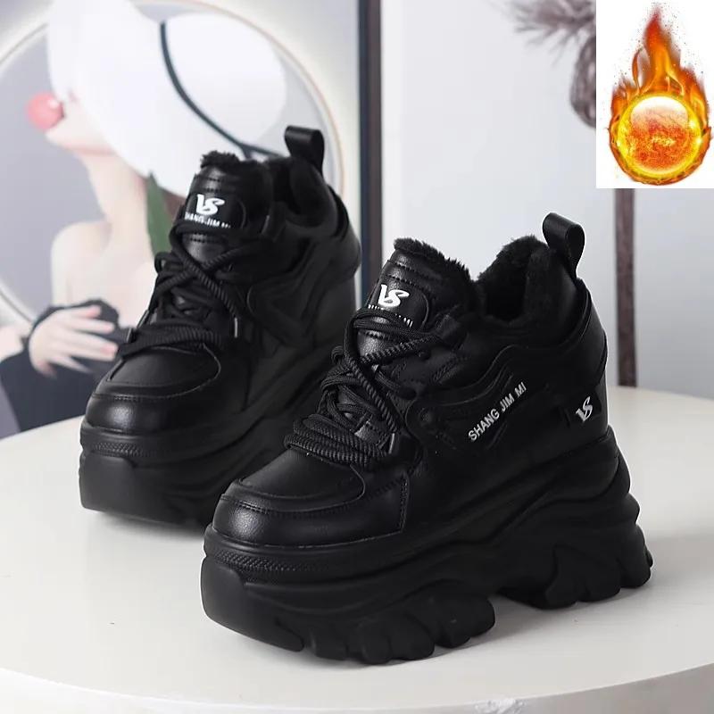 Fashion 12CM Synthetic Autumn Winter Spring Plush Warm Down Women Sneakers Wedge Ankle Booties Shoes Leather Platform Boots Winter