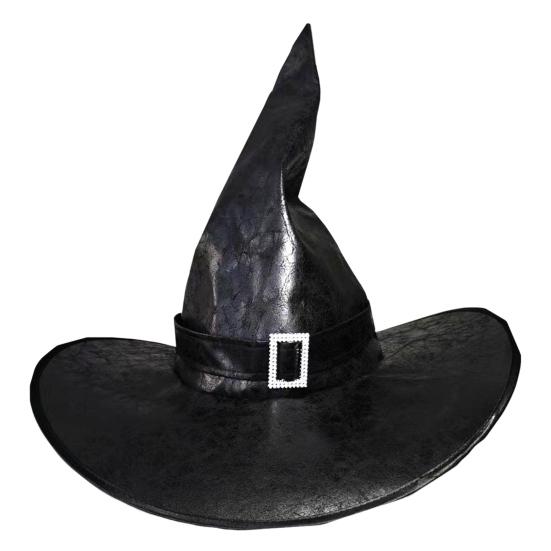 Halloween Witch Hat Vintage Faux Leather Wizard Hat with Buckle Halloween Cosplay Party Costume for Men Women