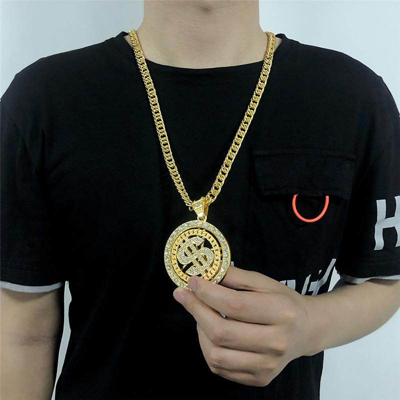 Men Hip Hop Rotating Dollar Pendant Long Necklace Rhinestone Jewelry Accessories