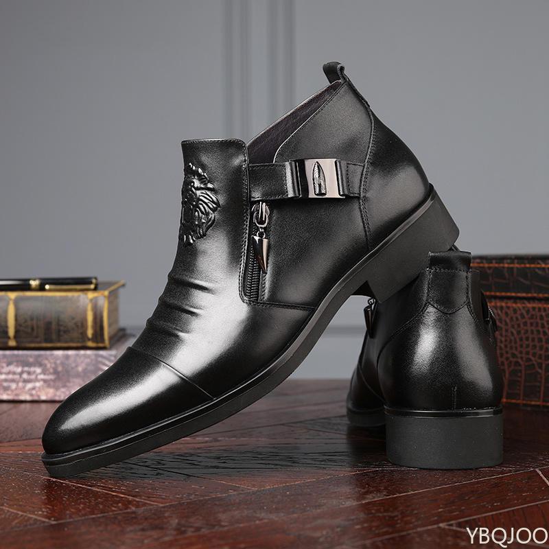 Winter Men'S Elegant Boots Ankle Non Slip Leather Shoes British Zip Black Knight Boots Pointed Punk Platform Male Booties Botas