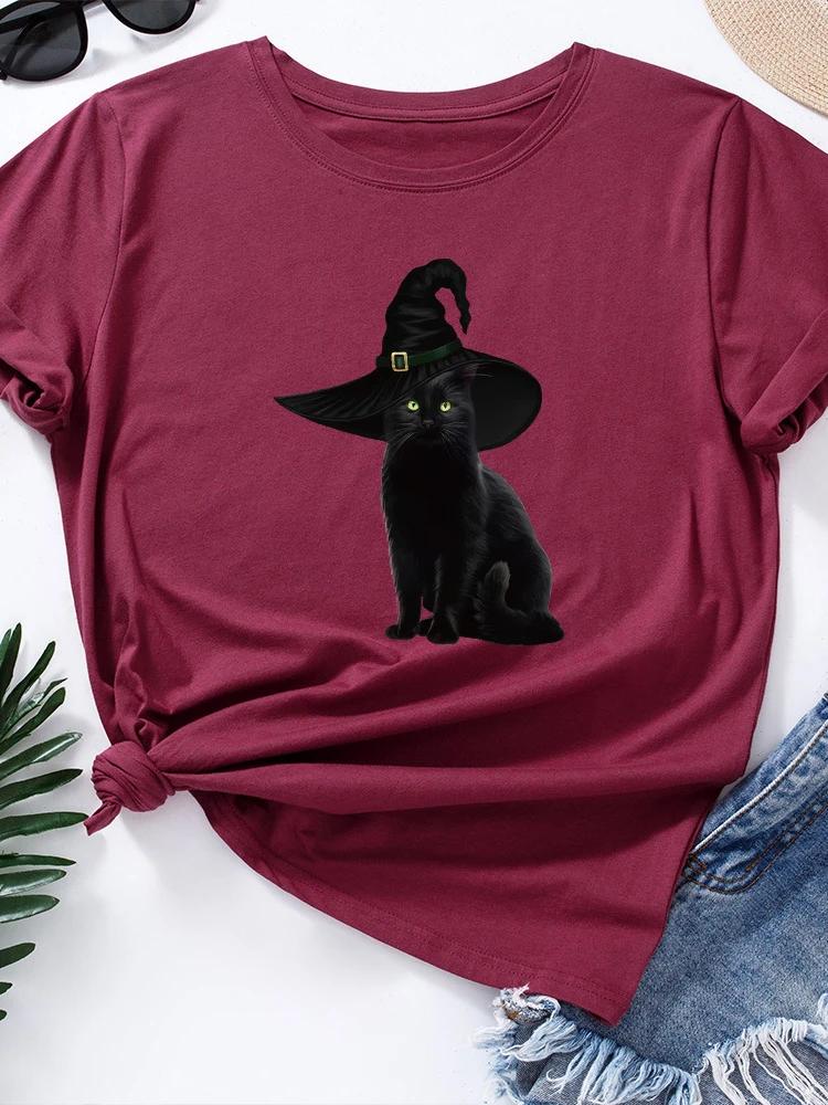 Волшебная шляпа с принтом черного кота женская футболка с коротким рукавом и круглым вырезом свободная футболка женская футболка топы camisetas mujer