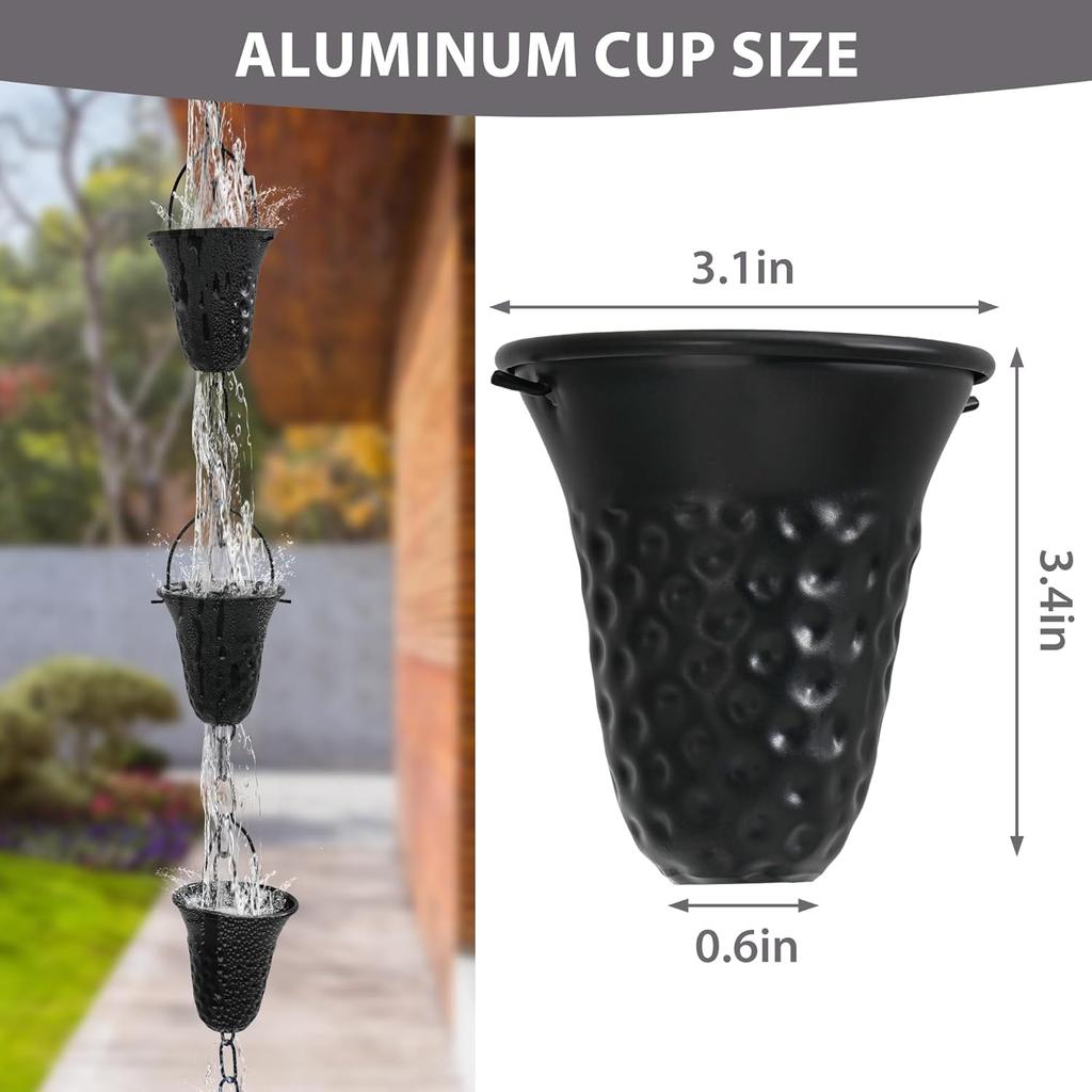 Rain Chains for Gutters with Gutter Adapter, Aluminum Hammered Long Cup Gutter Chain Downspout, 8-1/2 Feet Length Replacement Rain Chain Gutters,