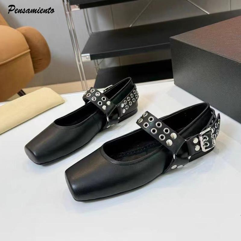 Мода Мода Квадратный носок Клепка Металлическая пряжка Женские балетки Удобная Мягкая кожа Мэри Джейн Лодочки Лоферы Повседневная ленивая обувь