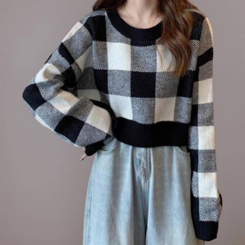New ArrivalS Open Run Women CaSual Color Block Check Semi Crop Round Neck Long S