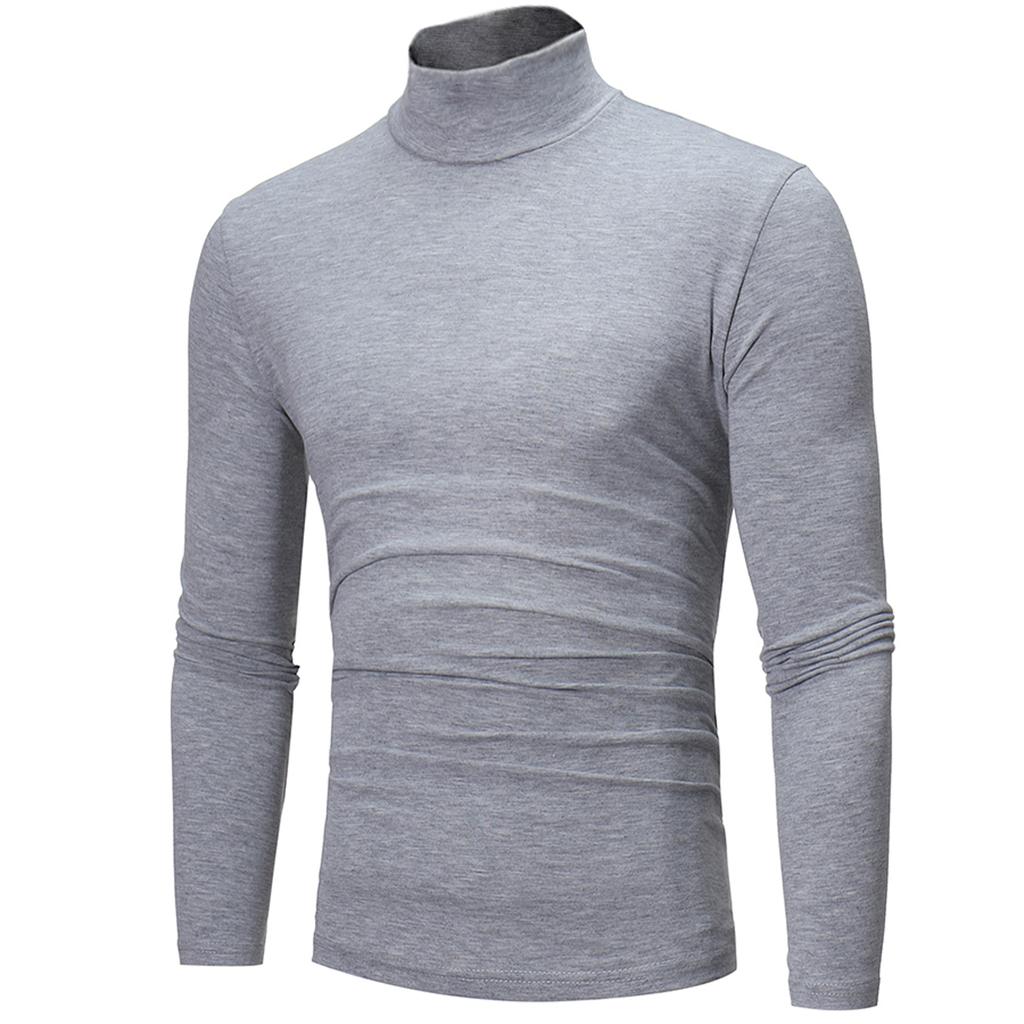 Men Casual High Neck Long Sleeve T-shirt Solid Color Slim Fit Pullover Undershirt Thermal Base Shirt