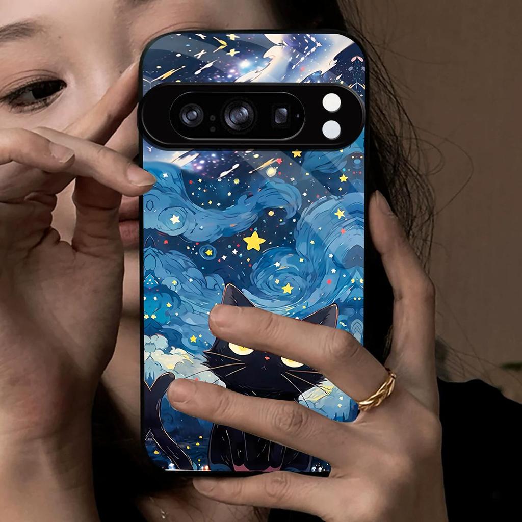 Чехол для Google Pixel 10 Pro 5G 9 XL 8 Аниме Черный Кот Звездное Облако Печать Чехол для Телефона Акриловая Жесткая Задняя Панель С Гибким Краем из ТПУ