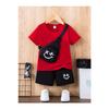 Хлопковые детские черные шорты с принтом улыбающегося лица, красный костюм-футболка - детский летний костюм с круглым вырезом