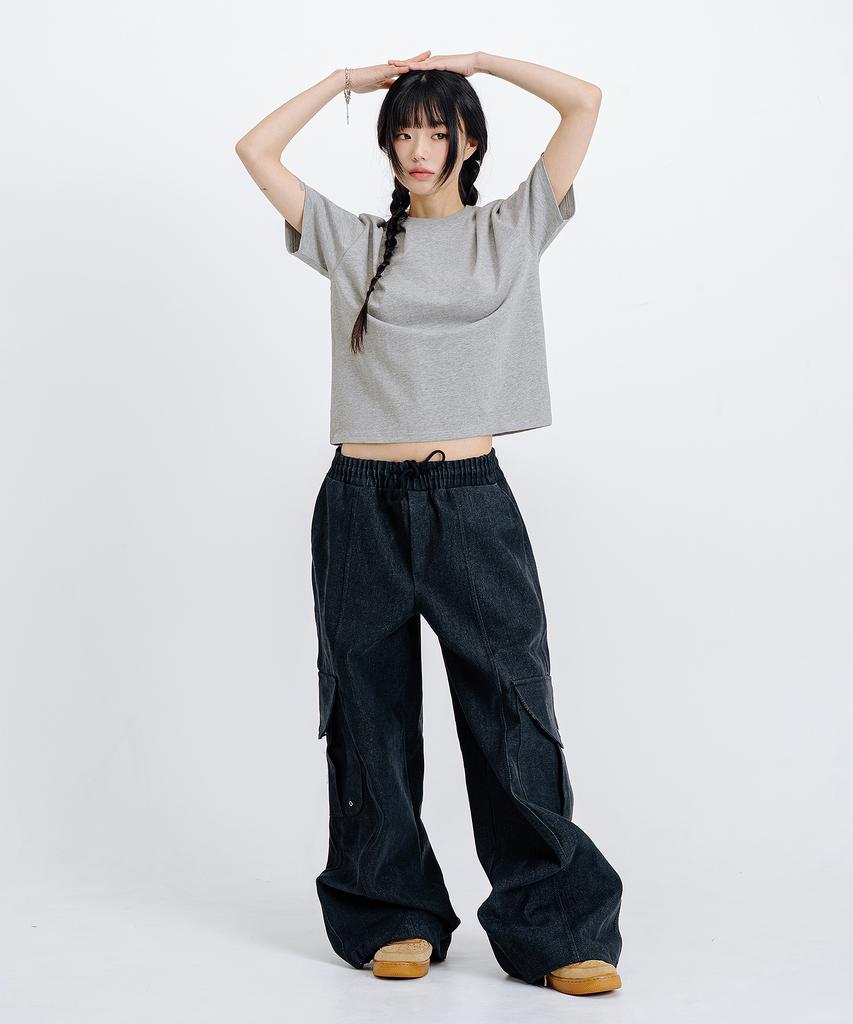 LEMAIN SECOND Crop Plain Oversized Short Sleeve T-Shirt [Melange Gray]