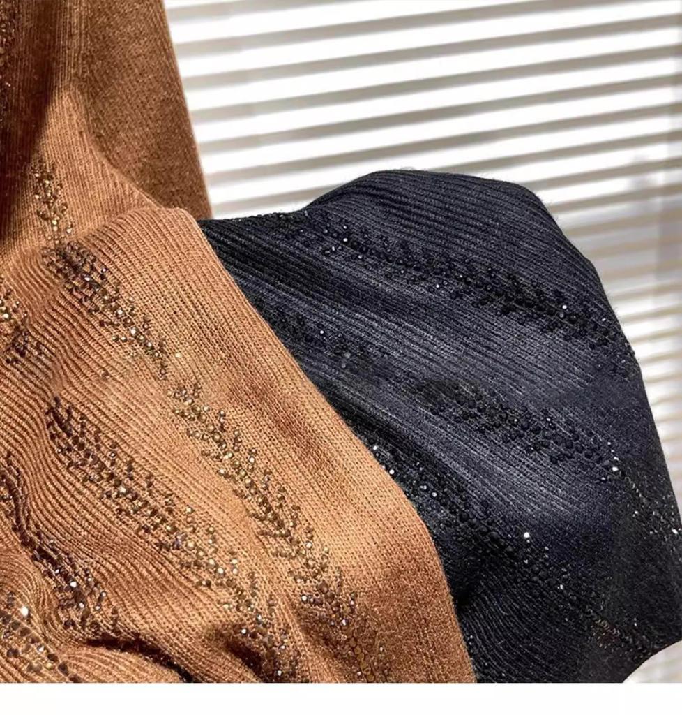 Women's High Neck Long Sleeve Heavy Duty Rhinestone T-shirt (92% Polyester, 8% Spandex)