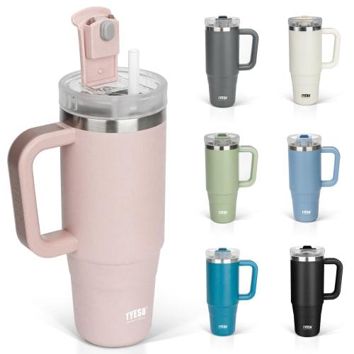 TYESO 0.9L Stainless Steel Tumbler with Straw and Handle, Vacuum Insulated, Double Walled, Wide Mouth, Large Capacity, Direct Drinking, 900ml, Cherry