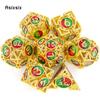 7 Pcs Golden Red Green Metal Dice Circular Hollow Metal Polyhedral Dice Set Suitable for Role-Playing RPG  Board Game Card Game