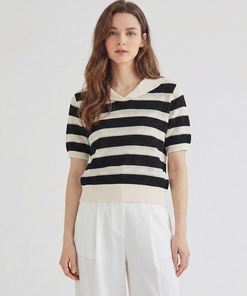 MESENSE Striped Collared Short Sleeve Knit_Mb46Knm614Z