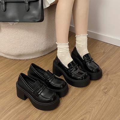 Черные универсальные туфли на высоком каблуке и платформе, маленькие кожаные туфли, женские новые весенние лоферы на одной педали с увеличением высоты