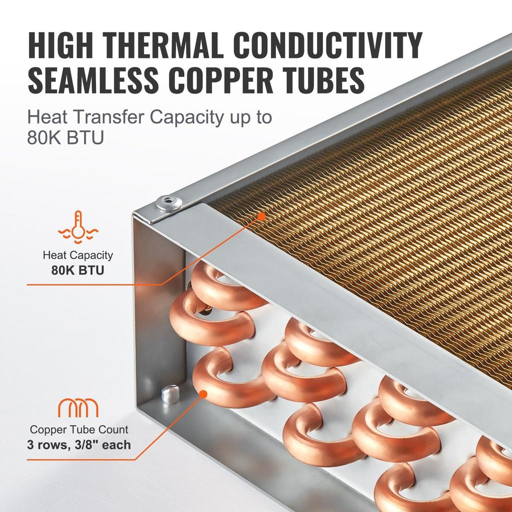 16"x 16" Heat Exchanger Water to Air 3-Row 3/8" Copper Ports 193 Fins