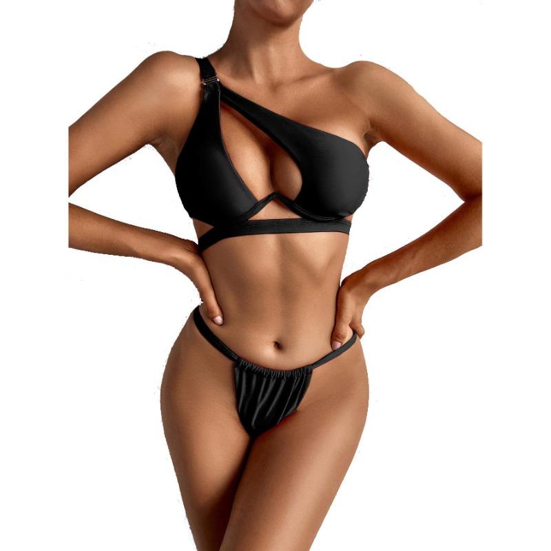 Women's Solid Color Sexy One-Shoulder Strap Hollow Split Swimsuit Bikini Set