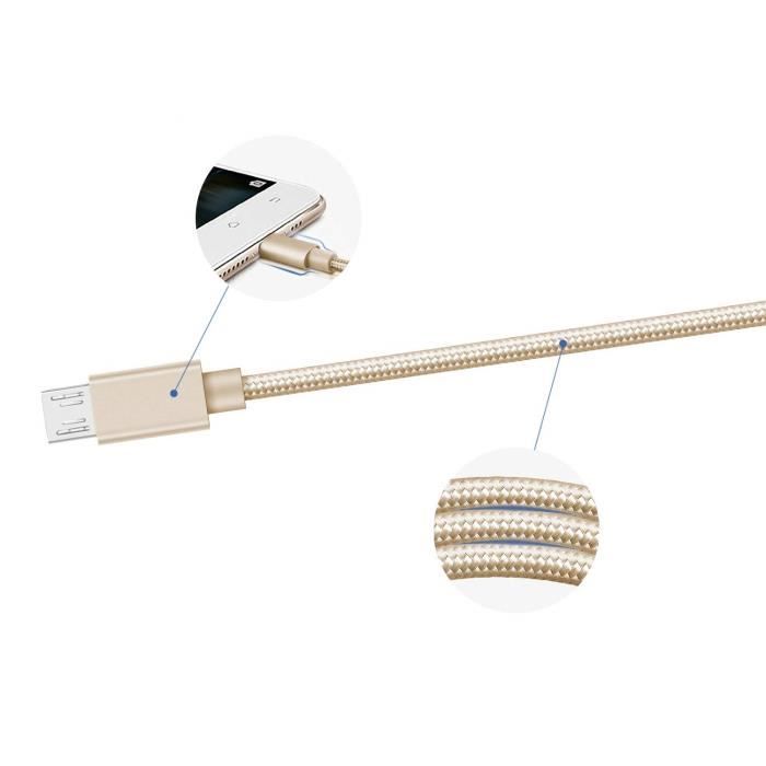 Кабель для Huawei Y7P - Y6P - Y5P - P40 Lite E - P Smart 2020 - P Smart 2019 - Кабель micro usb Нейлоновая оплетка Золотой 1 метр Phonillico®