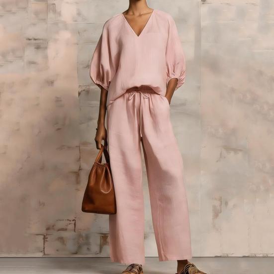 Женский повседневный комплект из 2 предметов Yousheng для отдыха: топ с пышными полурукавами и V-образным вырезом и широкие брюки. Комплекты для путешествий и отпуска с