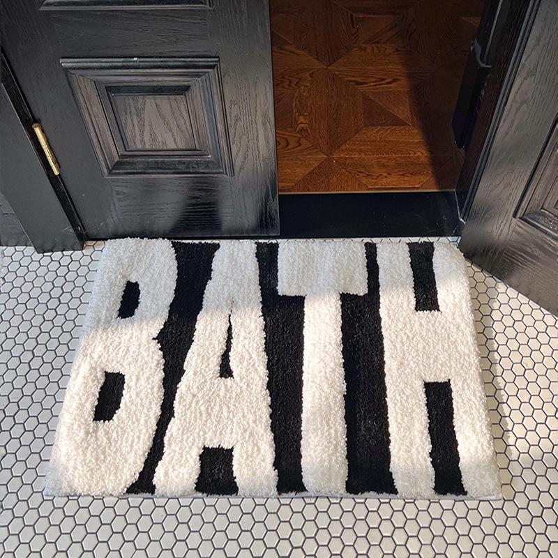 Tufted Black & White Flocked Non-Slip Water-Absorbent Bathroom Mat