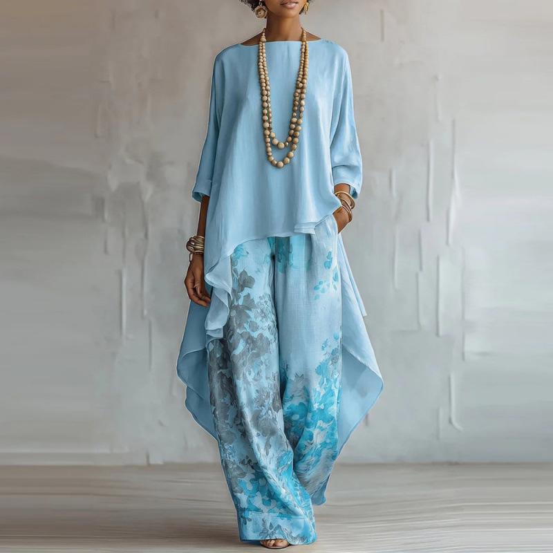 2026 European and American Women's Fashion Digital Print Wide-Leg Pants + Crew Neck Long-Sleeve Solid Color Top Two-Piece Set