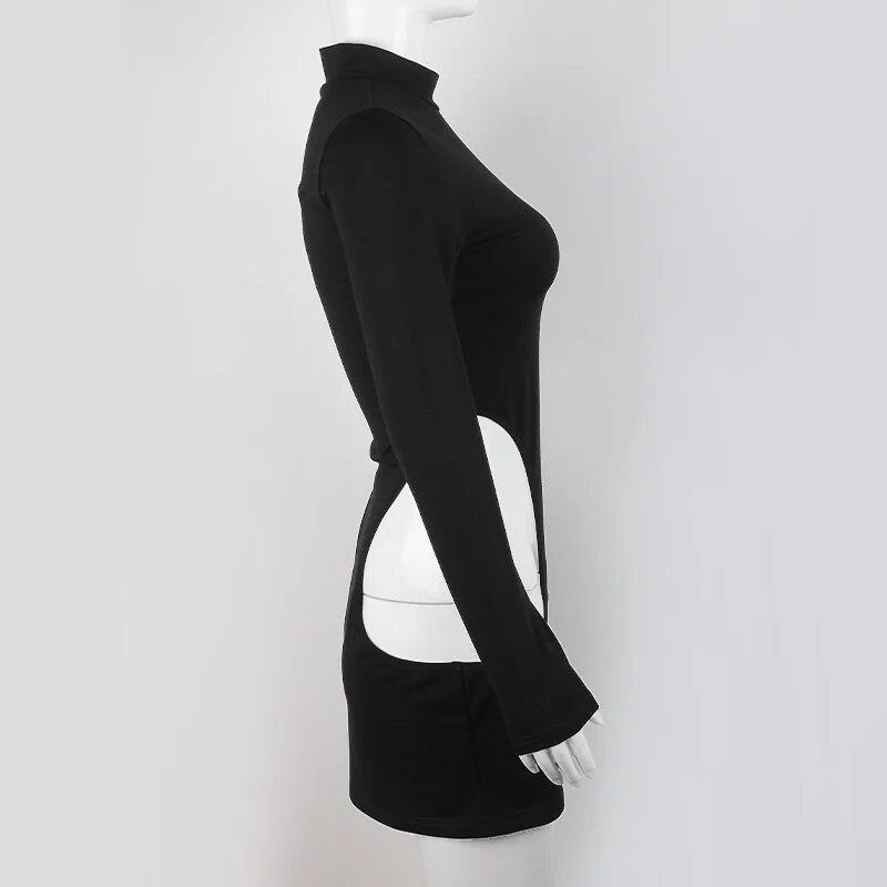 Черная облегающая мини-юбка, женское сексуальное уличное платье с полыми рукавами и длинными рукавами, праздничное платье, женская майка на весну и осень