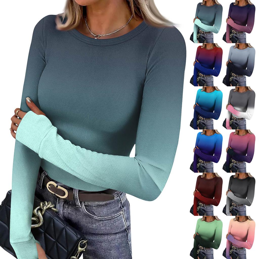 Women's And Winter Slim Bottom T-shirt Fashion Casual Gradient Printing Round Neck Pullover Long Sleeve Top