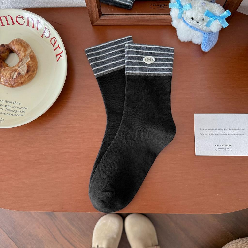 Button Bow Socks Medium Tube Socks Tide Cotton Versatile College Style Striped Contrasting Color Stacking Socks