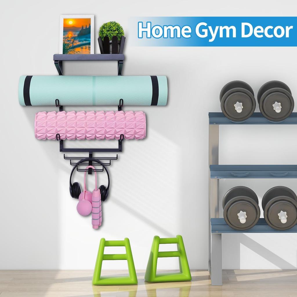 Настенный держатель для коврика для йоги Стойка для хранения коврика для йоги Аксессуары для домашнего спортзала с 3 секциями и 7 крючками для подвешивания ролика для массажа и эспандеров
