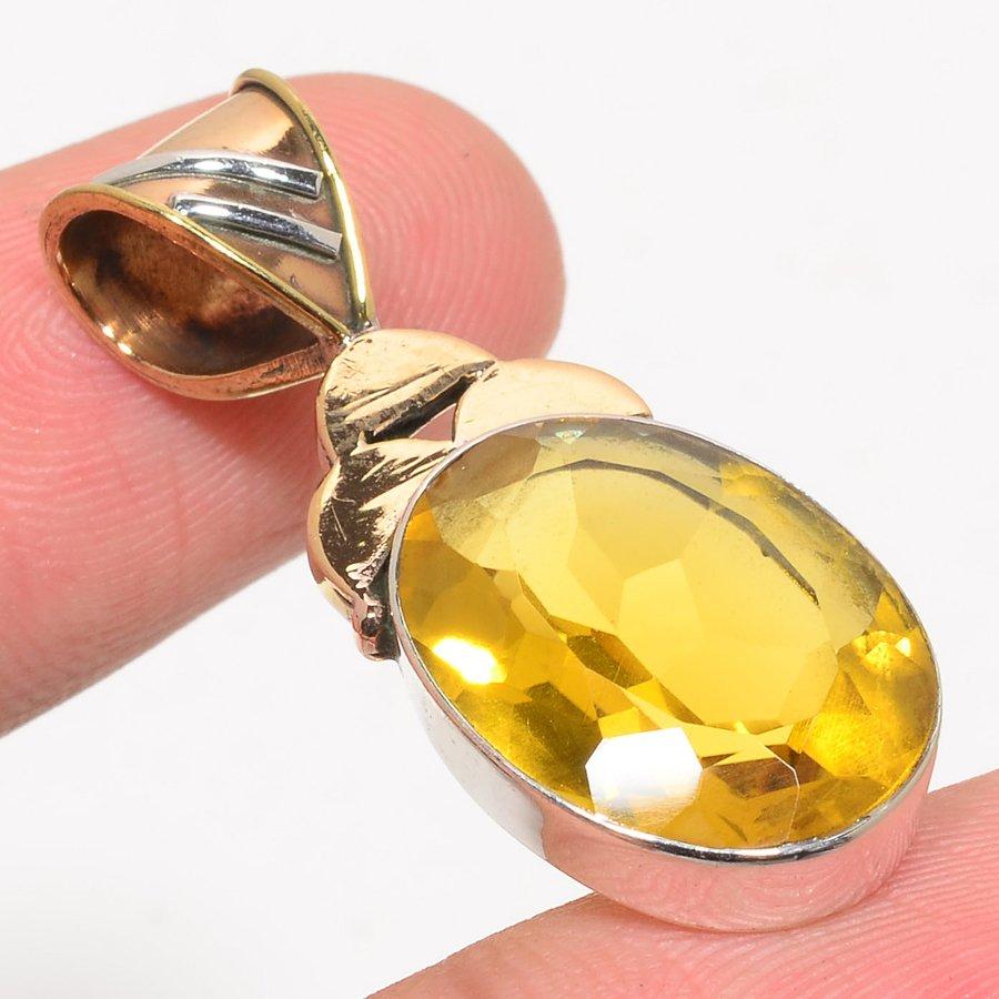 Natural Lemon Quartz TwoTone 925 Solid Sterling Silver Gift Pendant 1.50" i1O10