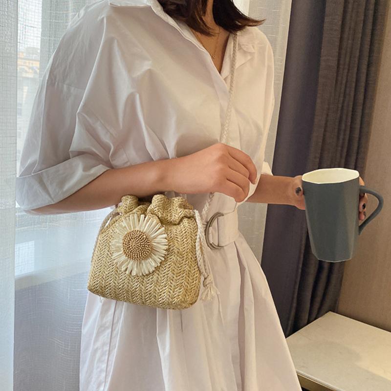 Summer Straw Bucket Bag For Women Knitted Beach Bag Bohemia Small Crossbody Bag Vacation Shoulder Bags