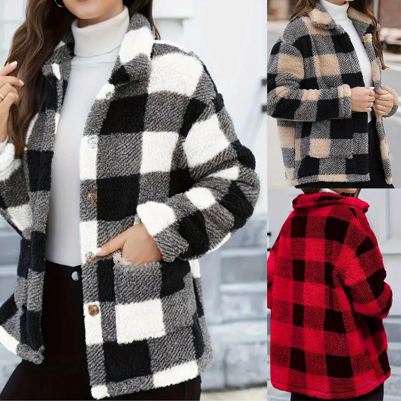 Winter Warm Jacket Women's Plaid Thick Plush Pocket Cardigan Button Jackets