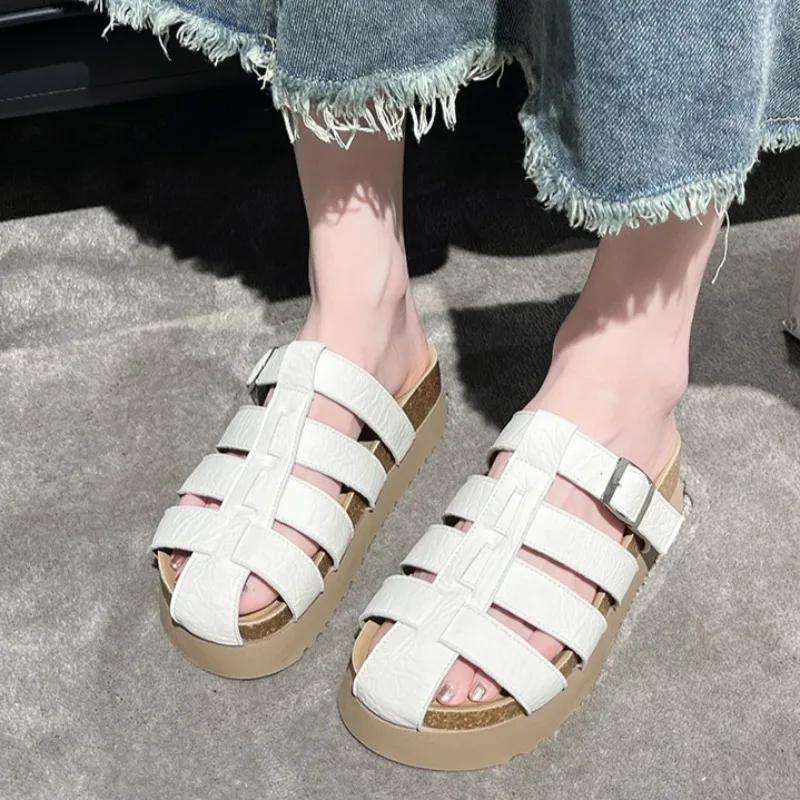 Fashion 2025 Women's Baotou Slippers Summer New Round Toe Cutout Woven Metal Buckle Strap Anti-slip Wear-resistant Flats