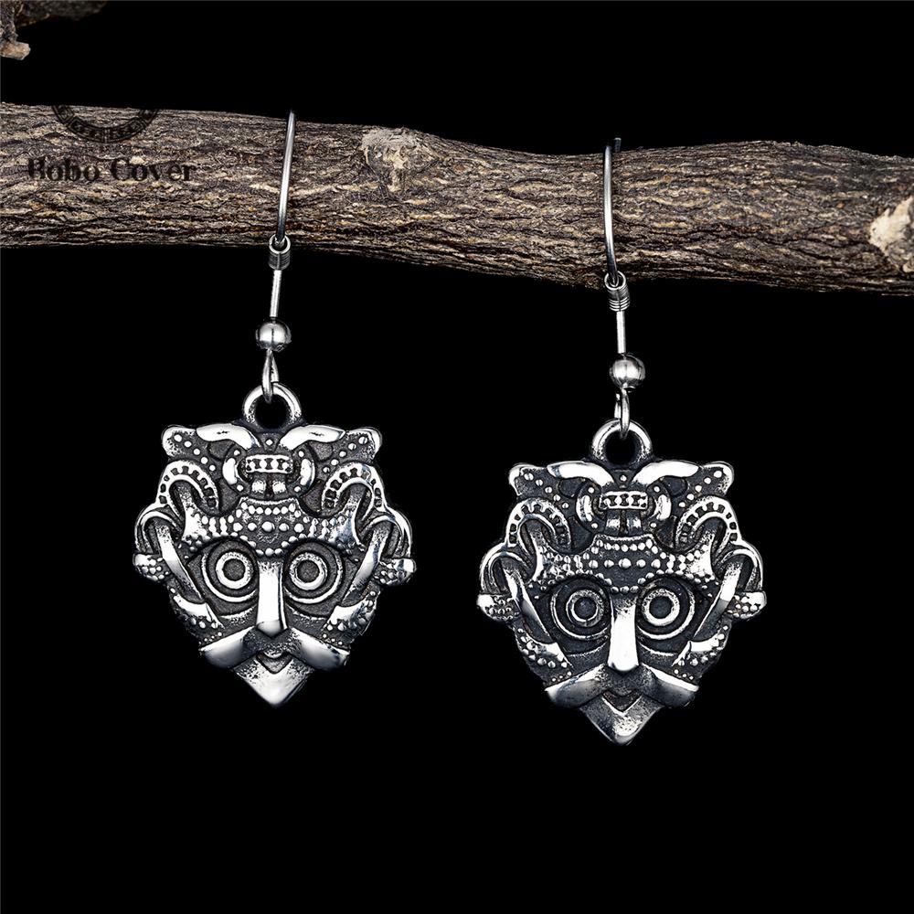 Vintage Norse Loki Earrings Stainless Steel Vikings Mask Odin Amulet Punk Jewelry for Women Men