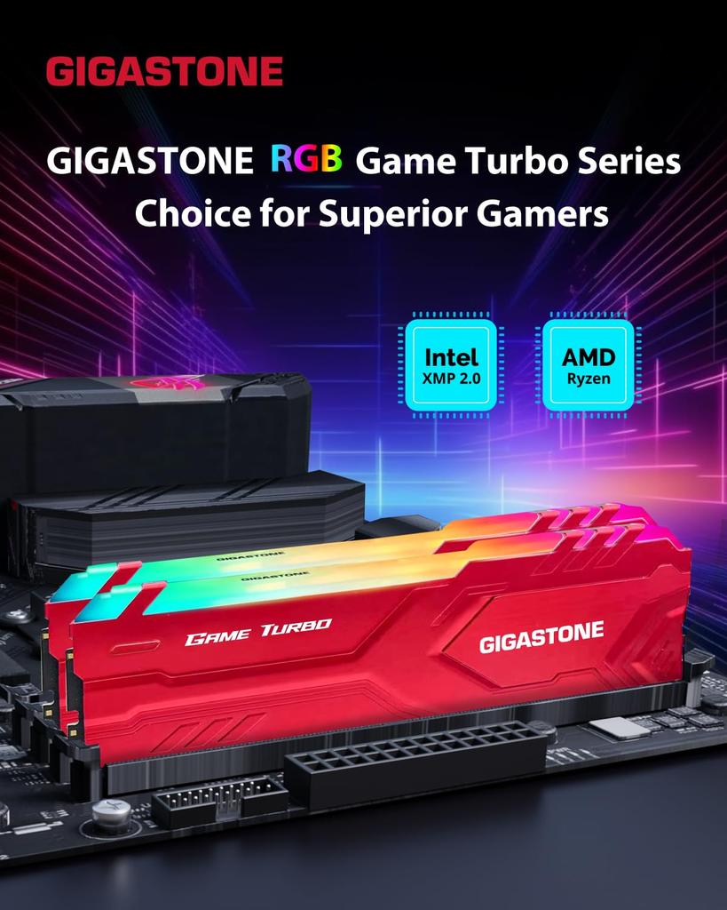 GIGASTONE Game TURBO 8 ГБ x 4 DDR4 3600 МГц CL Модуль небуферизованной игровой настольной памяти UDIMM Intel XMP AMD Ryzen Красный (Комплект 32 ГБ) PC4-28800 18-22-22-42,