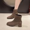 Women Ankle Boots Autumn Winter Fashion High Heels Chunky Middle Heel Suede Short Boots Woman Round Toe Back Zip Casual Shoes