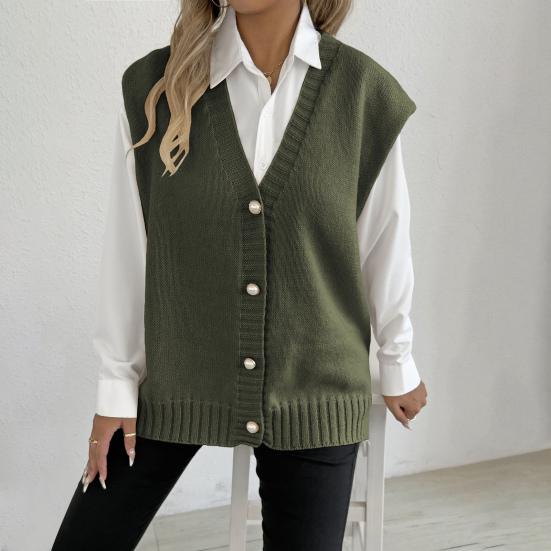 Женский вязаный жилет с V-образным вырезом, без рукавов, свободного кроя, жилет-свитер с декором из пуговиц из искусственного жемчуга, однотонный, повседневный вязаный жилет